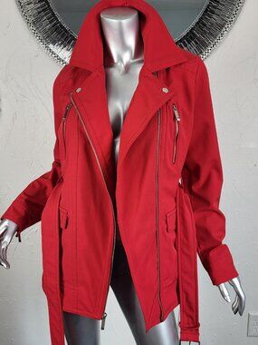 MICHAEL KORS~SZ M~RED BIKER MOTO RAIN COAT TRENCH BELTED WINDBREAKER JACKET